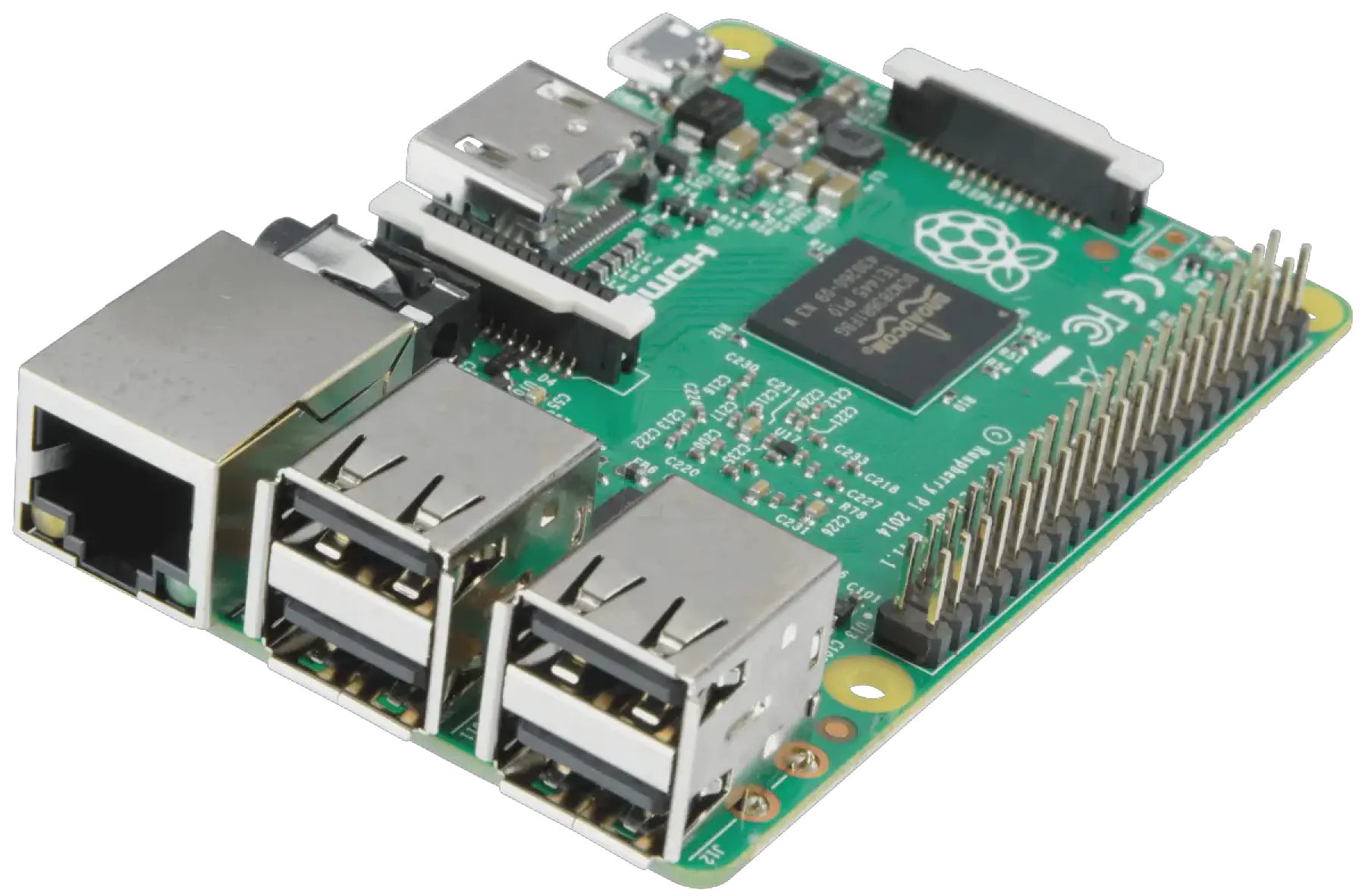 A Raspberry Pi 2, a small creditcard-sized computer
