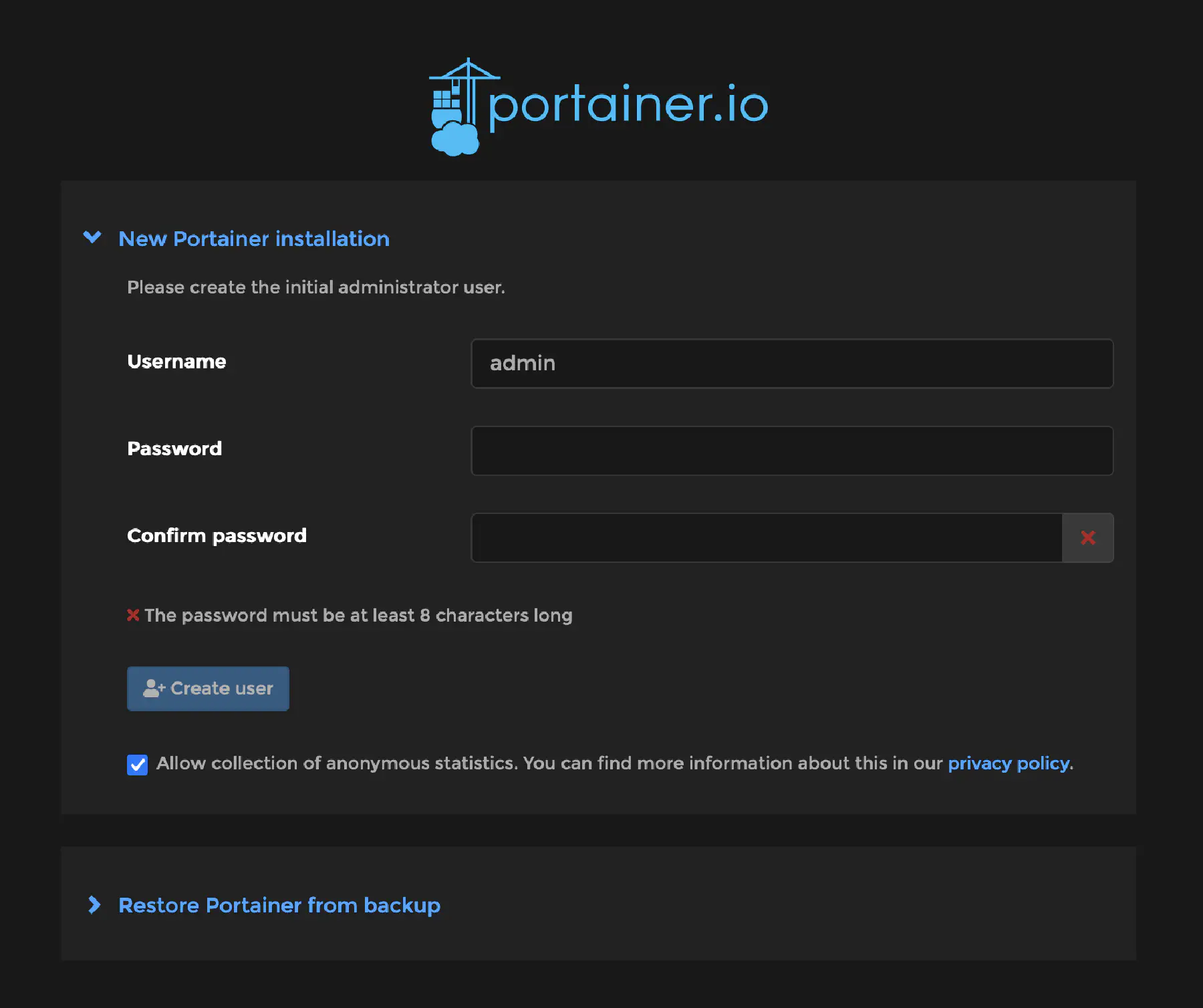 The setup screen of Portainer